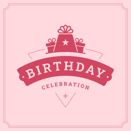 Happy birthday holiday celebrate pink vintage greeting card typographic template vector flat illustration. Festive birth anniversary gift box present wrapped package bow and star classic frame ribbonのイラスト素材