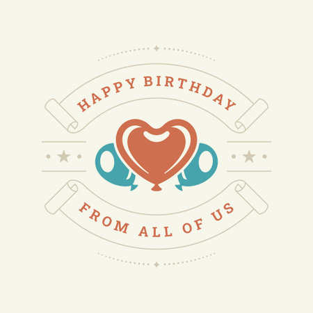 Happy birthday heart air balloon ribbon vintage greeting card typographic template vector flat illustration. Birth anniversary holiday celebrate festive congratulations romantic decorative designのイラスト素材