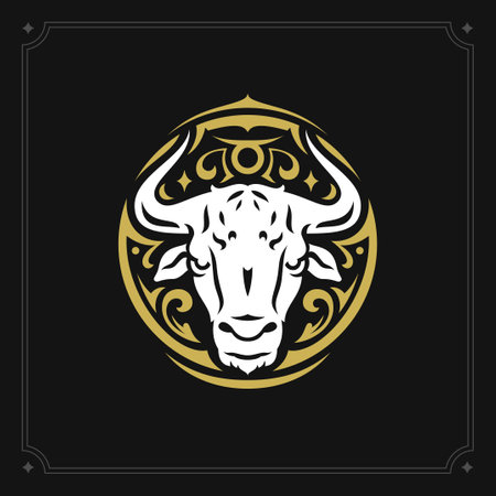 Taurus horoscope symbol zodiac horned bull art deco vintage black card design vector illustration. Astrology esoteric farm animal head mythology celestial lunar calendar prediction antique frameのイラスト素材