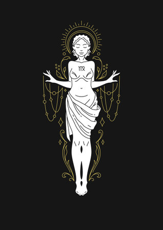Virgo antique woman goddess zodiac astrology celestial mythical line art deco vector illustration. Female ancient horoscope symbol lunar calendar esoteric constellation lunar calendar artworkのイラスト素材