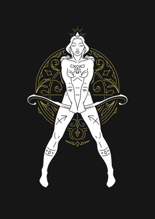 Sagittarius woman goddess mythology horoscope line art deco contoured silhouette vector illustration. Female archery with bow and arrow astrological constellation mythic esoteric celestial predictionのイラスト素材