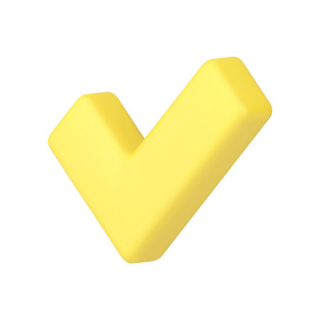 Check mark yellow done success choice confirmation agree checkbox 3d icon realistic vector illustration. Checkmark ok good decision approved vote validate solution positive questionnaireのイラスト素材