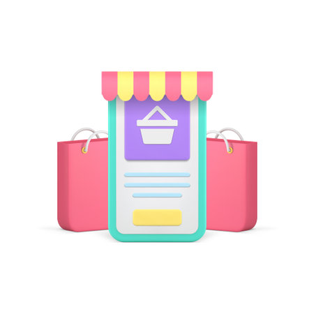 Online shopping internet order smartphone app e commerce retail 3d icon realistic vector illustration. Store shop grocery supermarket cyberspace social media service purchase digital technologyのイラスト素材