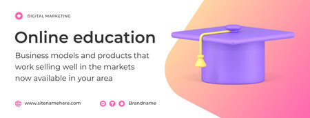 Online education graduation cap e learning courses college university promo social media banner 3d icon vector illustration. Internet studying academic science knowledge training electronic technologyのイラスト素材