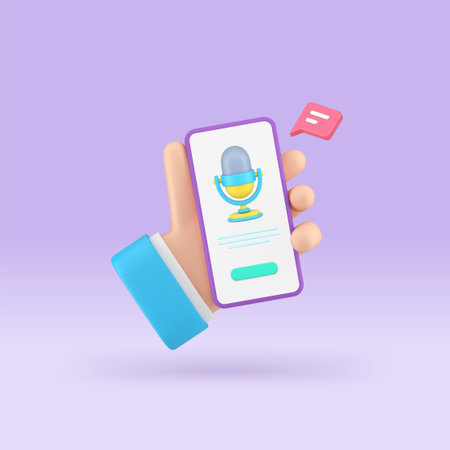Voice message chat sound microphone online dialogue smartphone application realistic 3d icon vector illustration. Hand holding mobile phone internet speaking record cyberspace messaging communicationのイラスト素材