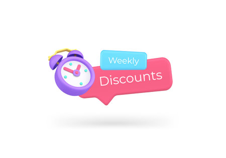 Weekly discount alert promo quick tips shopping special offer announce 3d icon realistic vector illustration. Sale commercial retail advertisement countdown alarm clock marketing message speech bubbleのイラスト素材