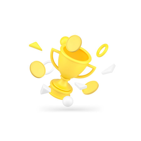 Financial success win achievement golden coin flying victory cup award 3d icon realistic vector illustration. Business profit goal reward leadership ambitious finance target trophy celebrationのイラスト素材