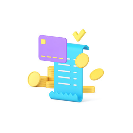 Card payment complete receipt invoice flying golden coin cash money 3d icon realistic vector illustration. Success shopping financial transaction banking transfer approved bill purchase order payingのイラスト素材
