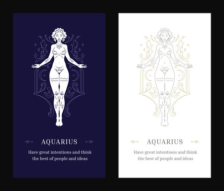 Aquarius horoscope symbol antique woman goddess zodiac line art deco poster design template set vector illustration. Astrological character myth esoteric celestial magic description future predictionのイラスト素材