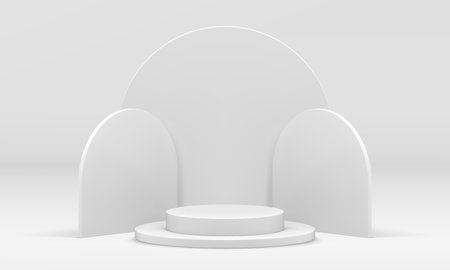 White 3d podium curved wall cylinder level stage construction for product presentation realistic vector illustration. Pedestal geometric stage foundation minimal studio background decor designのイラスト素材