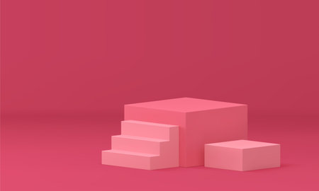 Pink 3d pedestal geometric box with staircase steps construction for climbing upstairs realistic vector illustration. Podium basic foundation stairs square rectangle platform showcase for presentationのイラスト素材