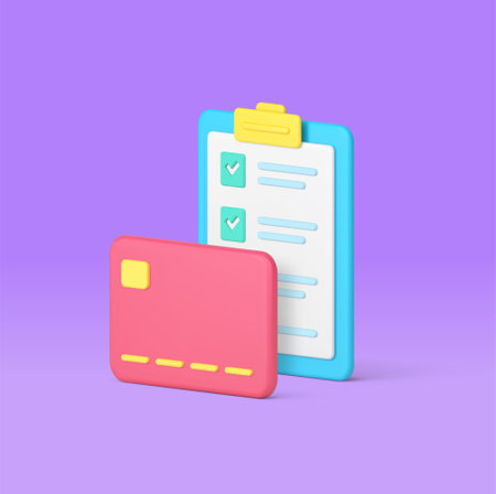 Shopping checklist complete list buying goods purchase card payment 3d icon realistic vector illustration. Buyer reminder clipboard cashless financial paying note checking purchasing done checkmarkのイラスト素材