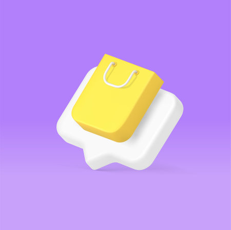 Shopping bag quick tips buying goods internet reminder purchase order marketplace 3d icon realistic vector illustration. Commercial purchasing online shop store notification sale discount alert noticeのイラスト素材