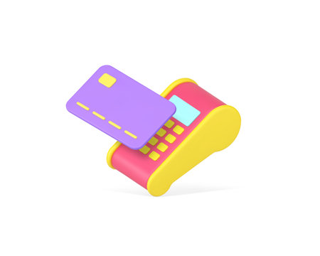 Credit debit card POS terminal machine contactless payment e money banking transaction 3d icon realistic vector illustration. Shopping purchase digital paying electronic financial commercial deviceのイラスト素材