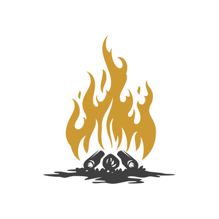 Camping bonfire with firewood golden burning flame sparkles vintage icon design vector isometric illustration. Camp campfire blaze light with woods outdoor fuel heat warm hiking expedition adventureのイラスト素材