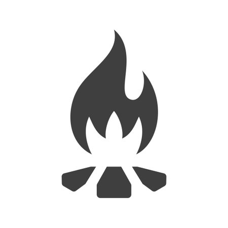 Burning campfire with flame camping expedition monochrome vintage icon design isometric vector illustration. Bonfire blaze firewood camp hiking adventure summer travel outdoor recreation logoのイラスト素材