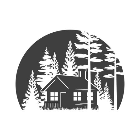 Camping rustic house at forest trees nature landscape circle vintage logo design isometric vector illustration. Camp countryside wooden home woodland rural summer scenery recreation leisure iconのイラスト素材