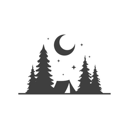 Camping tent halt spruce forest night half moon stars monochrome vintage icon design vector illustration. Camp expedition summer hiking travel adventure nature fir tree exploration leisure landscapeのイラスト素材