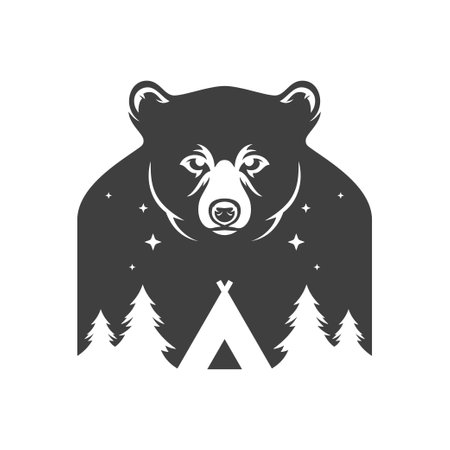 Camping tent hiking expedition bear forest night silhouette vintage logo design vector illustration. Camp summer travel adventure nature spruce double exposure effect hunting animal monochrome iconのイラスト素材