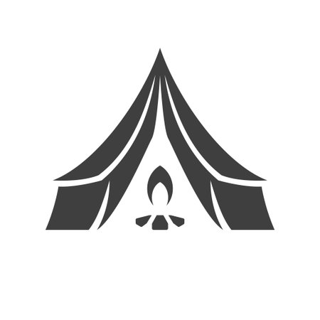 Camping tent with burning bonfire touristic expedition halt vintage icon design vector illustration. Camp exploration summer travel adventure nature outdoor hiking recreation monochrome logoのイラスト素材
