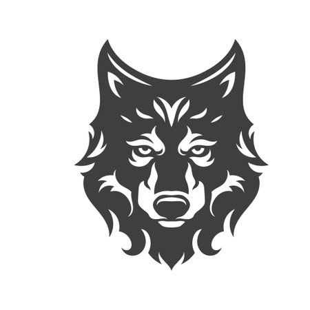Wolf power wild canine animal furry muzzle nature hunting camping expedition vintage icon design vector illustration. Dog coyote dangerous predator forest carnivorous beast head portrait black logoのイラスト素材