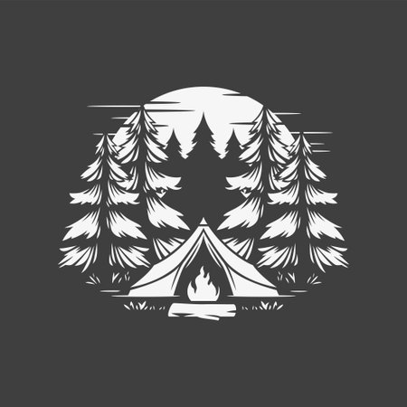 Camping tent bonfire spruce forest tourism halt summer expedition t shirt print vintage icon vector illustration. Camp hiking recreation outdoor adventure journey leisure nature exploration discoveryのイラスト素材