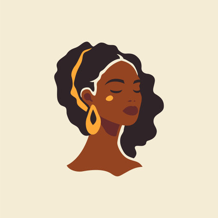 Fashion African woman portrait with golden earrings boho hand drawn wall art print vector flat illustration. Beauty Afro female head black skin yellow accessories traditional ethnic princess ladyのイラスト素材