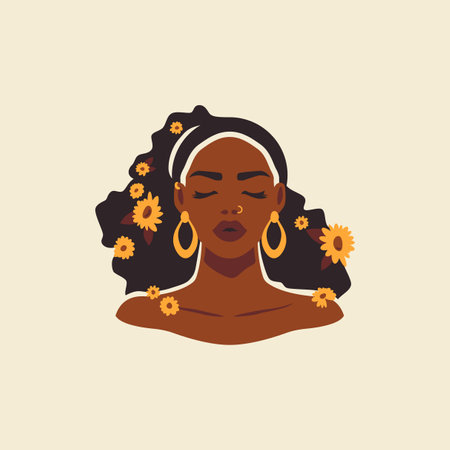 Black African woman portrait summer yellow flower hairstyle golden earrings vector flat illustration. Afro dark skin female beauty floral botanical coiffure head fashion romantic hand drawn avatarのイラスト素材