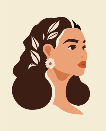 Romantic Asian woman portrait elegant flower hairstyle natural beauty paint hand drawn vector flat illustration. Beautiful mixed race young female face hair aesthetic wall art t shirt print chic decorのイラスト素材