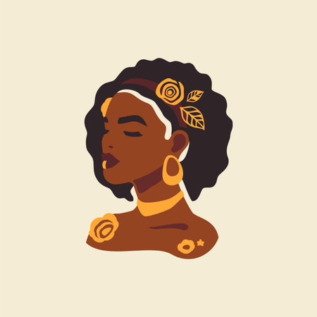 Romantic boho African woman portrait fashion golden accessory hand drawn vector flat illustration. Elegant Afro ethnic tribal female face and hair dark skin floral botanical jewelry beauty chic decorのイラスト素材