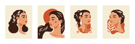 Aesthetic Asian female paint abstract portrait beauty face hair contemporary art poster set vector...