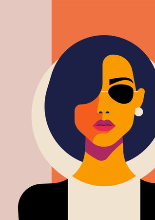 Fashion woman in sunglasses portrait pop art minimal design for poster t shirt print card vector flat illustration. Trendy female in earrings cute retro hair silhouette confident beauty feminismのイラスト素材