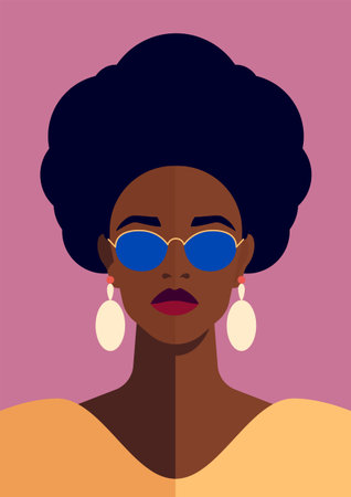 Fashion black woman face in blue sunglasses pop art contemporary poster vector flat illustration. Trendy African American female with vintage hair portrait glamor elegant model color t shirt printのイラスト素材