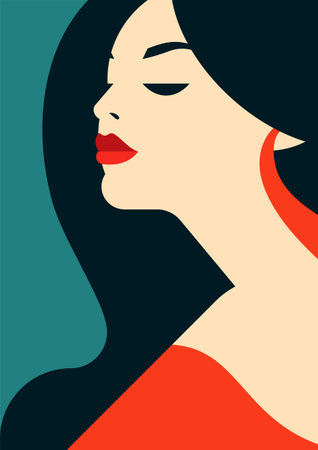 Trendy brunette retro woman fashion red lips makeup paint color minimal poster vector flat illustration. Beautiful romantic female portrait contemporary artwork card for Mothers Day t shirt printのイラスト素材
