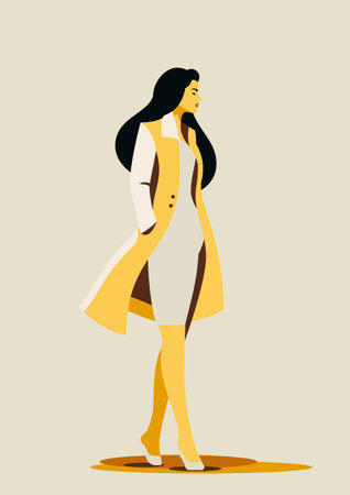 Elegant woman yellow pastel autumn paint color artwork poster t shirt print card vector flat illustration. Romantic fashion female silhouette contemporary minimalist art confident beauty person figureのイラスト素材