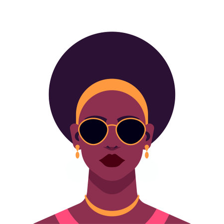 Black fashion woman modern ethnic hairstyle paint minimalist portrait vector flat illustration. African American female stylish head sunglasses golden necklace earrings accessories avatar isolatedのイラスト素材