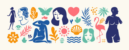 Set of trendy contemporary style doodle and abstract retro vector icons. Big collection, random organic shapes in freehand Matisse art style. Includes female shapes and botanical floral artのイラスト素材