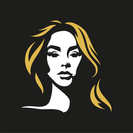 Fashion woman portrait with long golden hair stylish silhouette logo for makeup artist vector flat illustration. Beautiful female face outline abstract avatar black background for t shirt print posterのイラスト素材