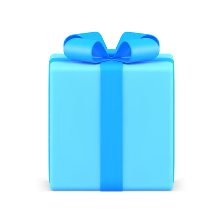 Blue gift box with bow and ribbon square wrapped surprise container 3d object realistic vector illustration. Present squared pack festive holiday congratulations happy birthday celebration decor designのイラスト素材