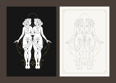 Gemini astrology zodiac symbol antique woman goddess esoteric line art deco poster design set vector illustration. Female twins horoscope astrological constellation lunar calendar fortune predictionのイラスト素材