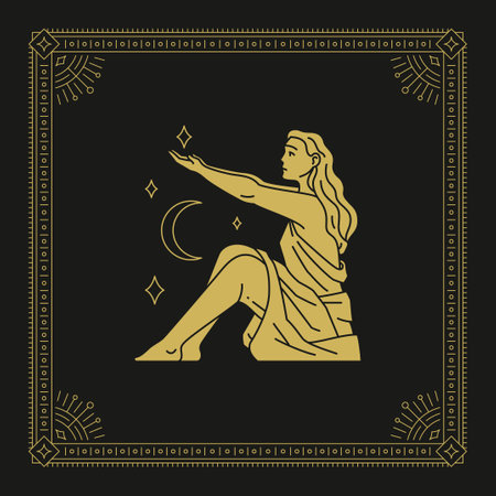 Virgo zodiac astrology antique woman goddess with crescent stars line art deco golden vintage card design vector illustration. Horoscope esoteric lunar calendar future prediction artwork with frameのイラスト素材