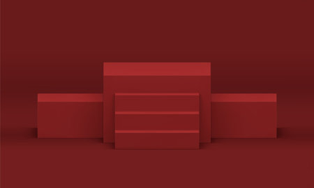 3d podium red three cubes basic construction competition win celebration award arena realistic vector illustration. Pedestal foundation best place achievement platform with staircase front viewのイラスト素材