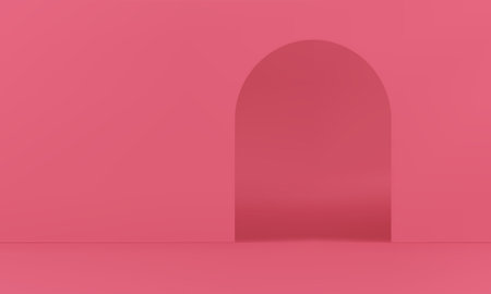 3d showroom pink empty interior archway entrance exit wall curved hole indoor gate realistic vector illustration. Arch architecture exposition apartment door room perspective fashion advertising spaceのイラスト素材