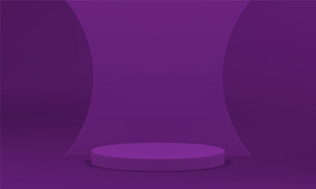 Pedestal 3d stage purple showcase curved wall showroom minimal design realistic vector illustration. Podium construction cylinder basic foundation advertising display for product premium presentationのイラスト素材