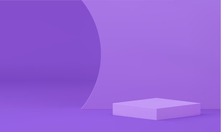3d podium squared platform purple curved wall showroom design for product premium presentation realistic vector illustration. Pedestal basic foundation display showcase event ceremony award arenaのイラスト素材
