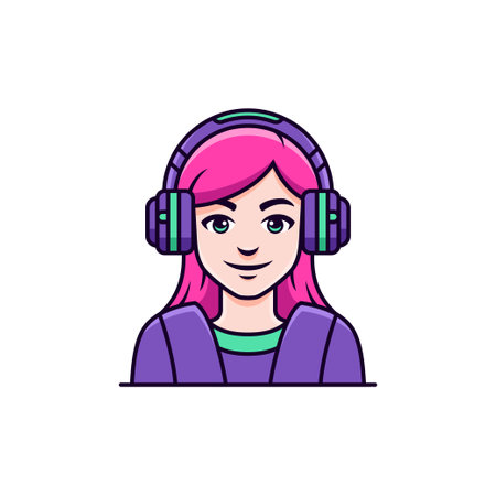 Hipster girl gamer in headphones video game virtual cyberspace entertainment outline icon vector flat illustration. Female teen with pink hair portrait online gaming technology esport team logo designのイラスト素材