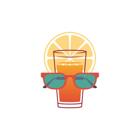 Summer vacation tropical orange slice juice glass with sunglasses 80s vintage logo t shirt print vector flat illustration. Exotic fresh fruit cocktail fashion eyeglasses beach holiday drink iconのイラスト素材
