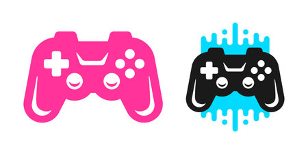 Video game esport gamepad console pink monochrome and black with geometric background icon set vector flat illustration. Virtual gaming pro team logo digital entertainment technology emblemのイラスト素材