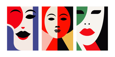 Asian Muslim woman abstract face bright colors pop art contemporary poster set vector flat illustration. Female portrait modern minimalist artistic artwork multiethnic multiracial equality silhouetteのイラスト素材