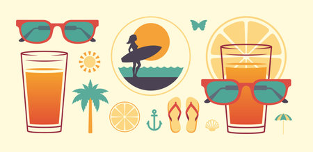 Summer retro clipart set lifestyle travel vacation badge sticker 80s t shirt print vector flat illustration. Summertime vintage elements sunglasses surfing sun palm tree orange juice cocktailのイラスト素材